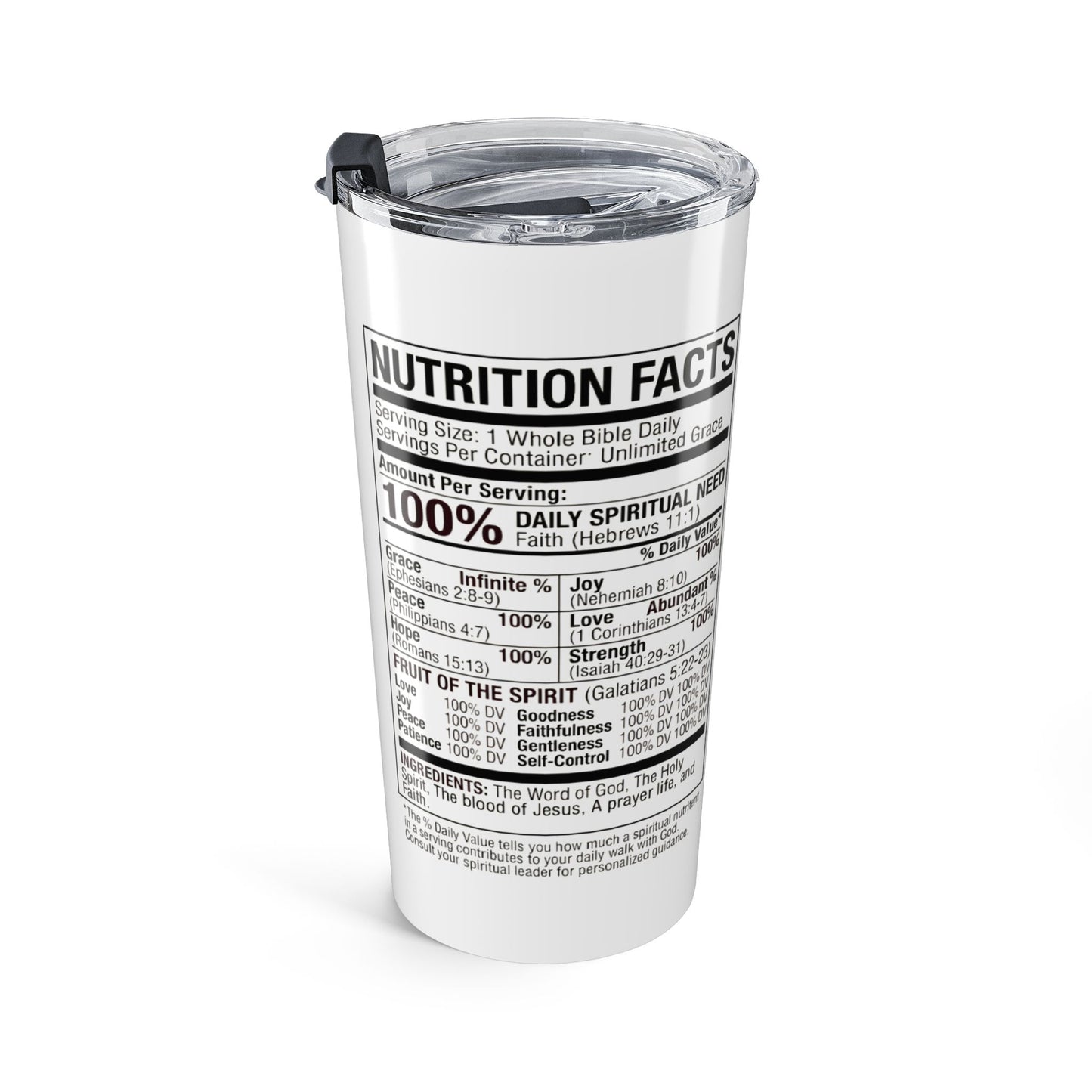 Biblical Nutrition Facts 20oz Tumbler with Nutrition Facts Design — Funny Dietary Label Travel Mug