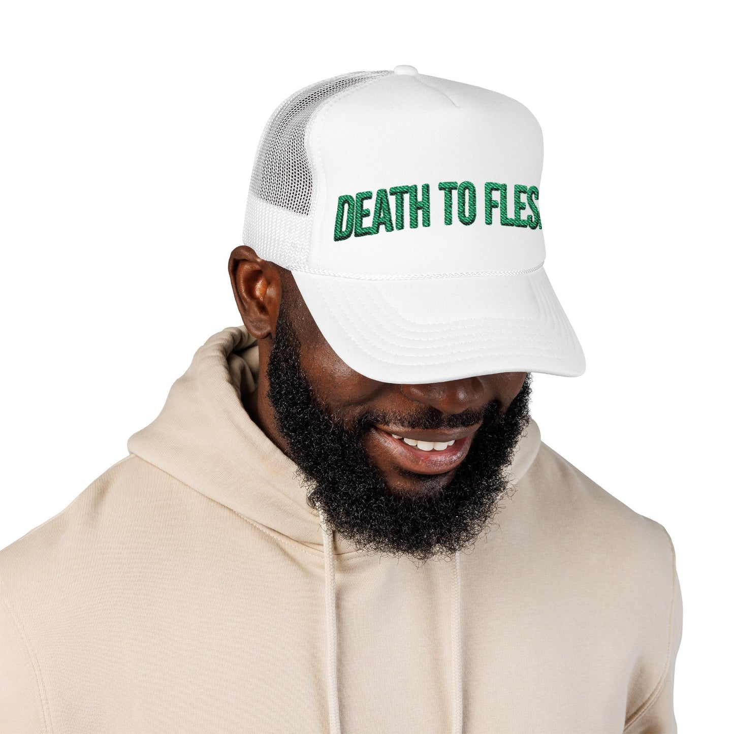 Death to Flesh Galatians 5:24 Trucker Hat — Edgy Green Embroidered Foam Cap