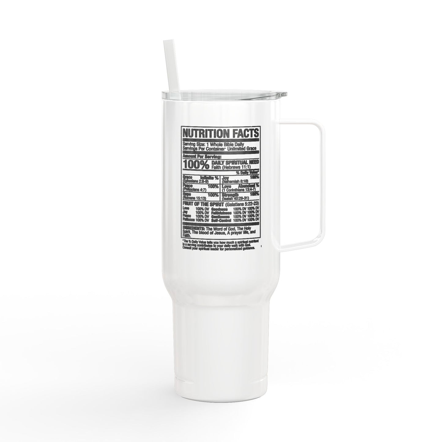 Biblical Nutrition Facts 40oz Engraved Insulated Tumbler with Lid & Straw — Stainless Travel Mug, Personalized Engraving