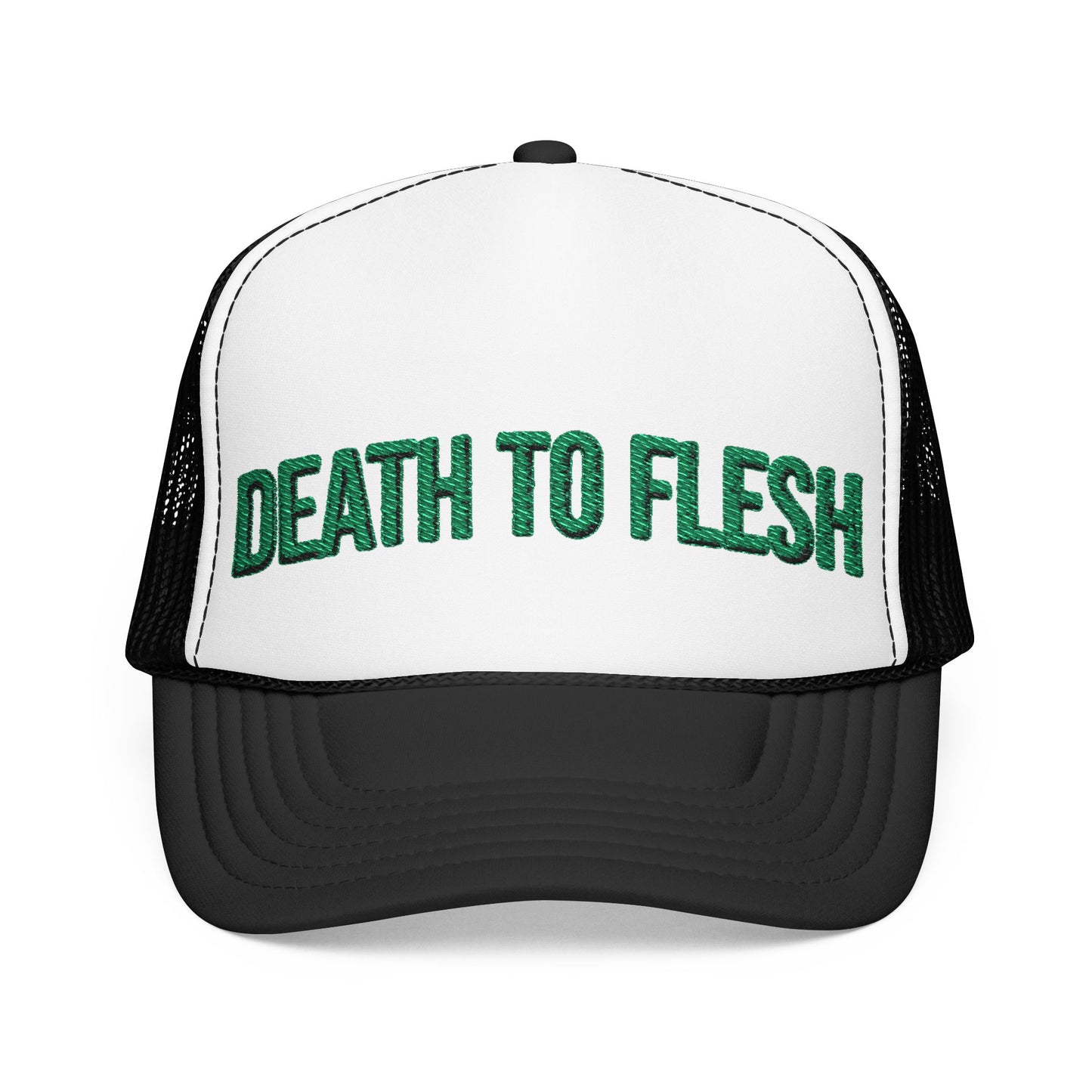 Death to Flesh Galatians 5:24 Trucker Hat — Edgy Green Embroidered Foam Cap