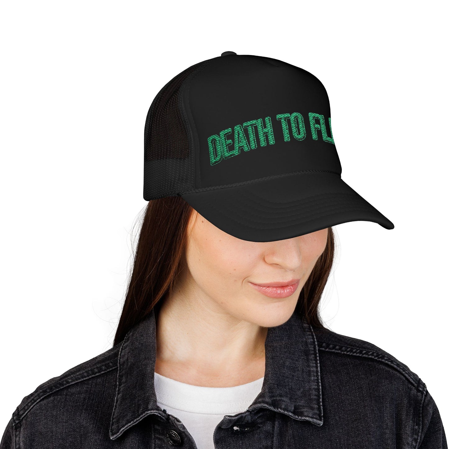 Death to Flesh Galatians 5:24 Trucker Hat — Edgy Green Embroidered Foam Cap
