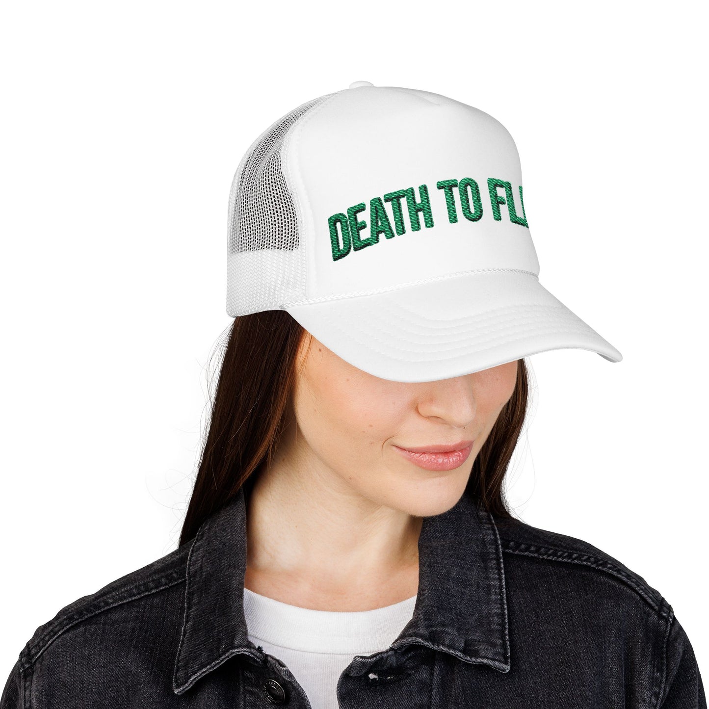 Death to Flesh Galatians 5:24 Trucker Hat — Edgy Green Embroidered Foam Cap
