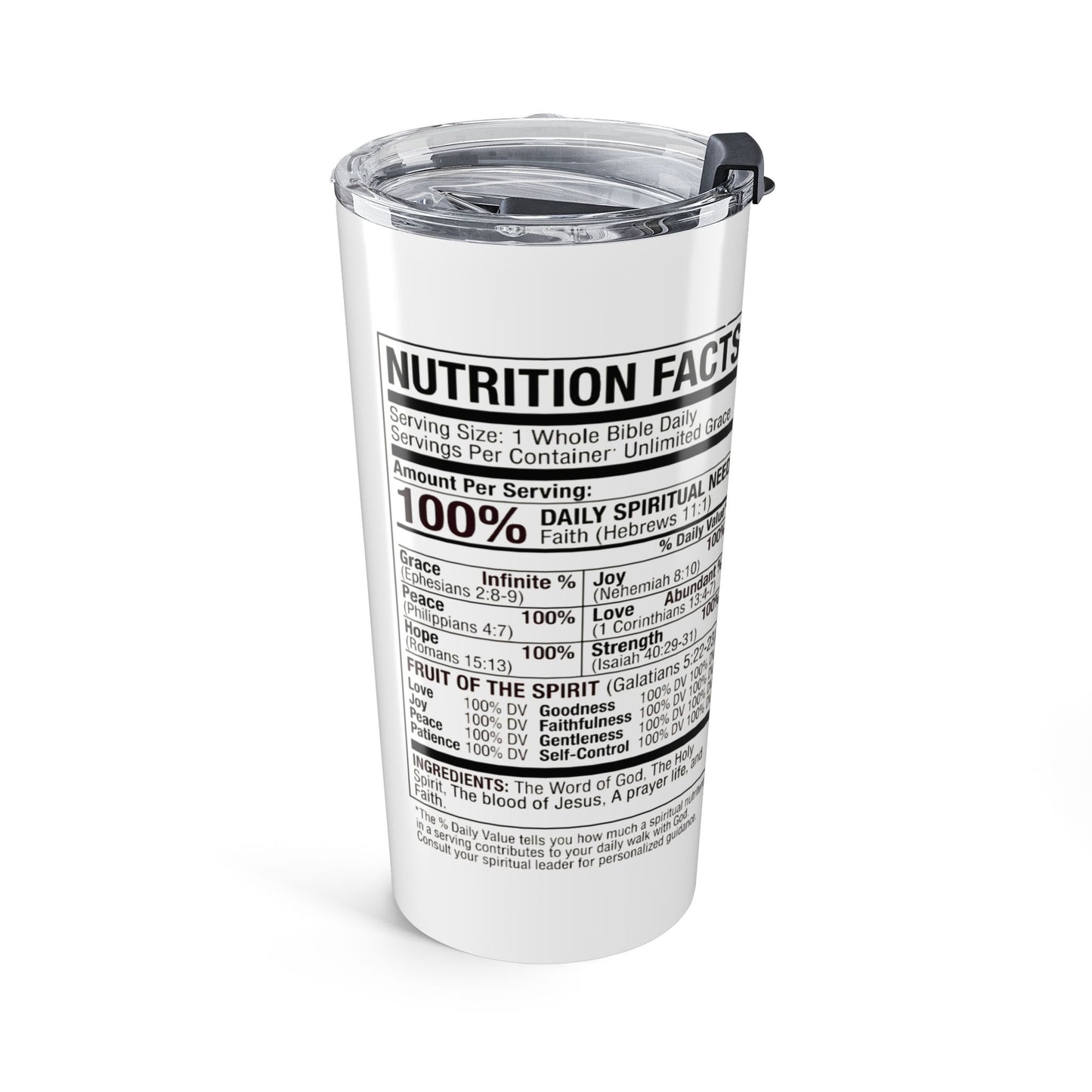 Biblical Nutrition Facts 20oz Tumbler with Nutrition Facts Design — Funny Dietary Label Travel Mug
