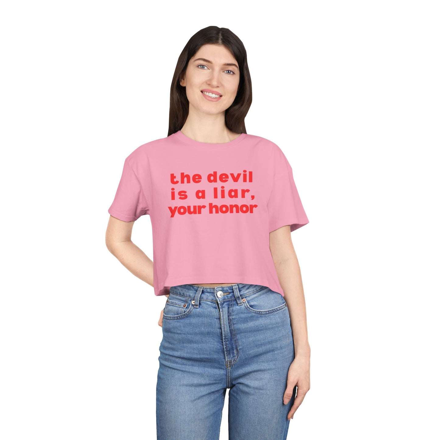 Courts of Heaven Cropped Tee — "the devil is a liar, your honor" Feminine Graphic Tee