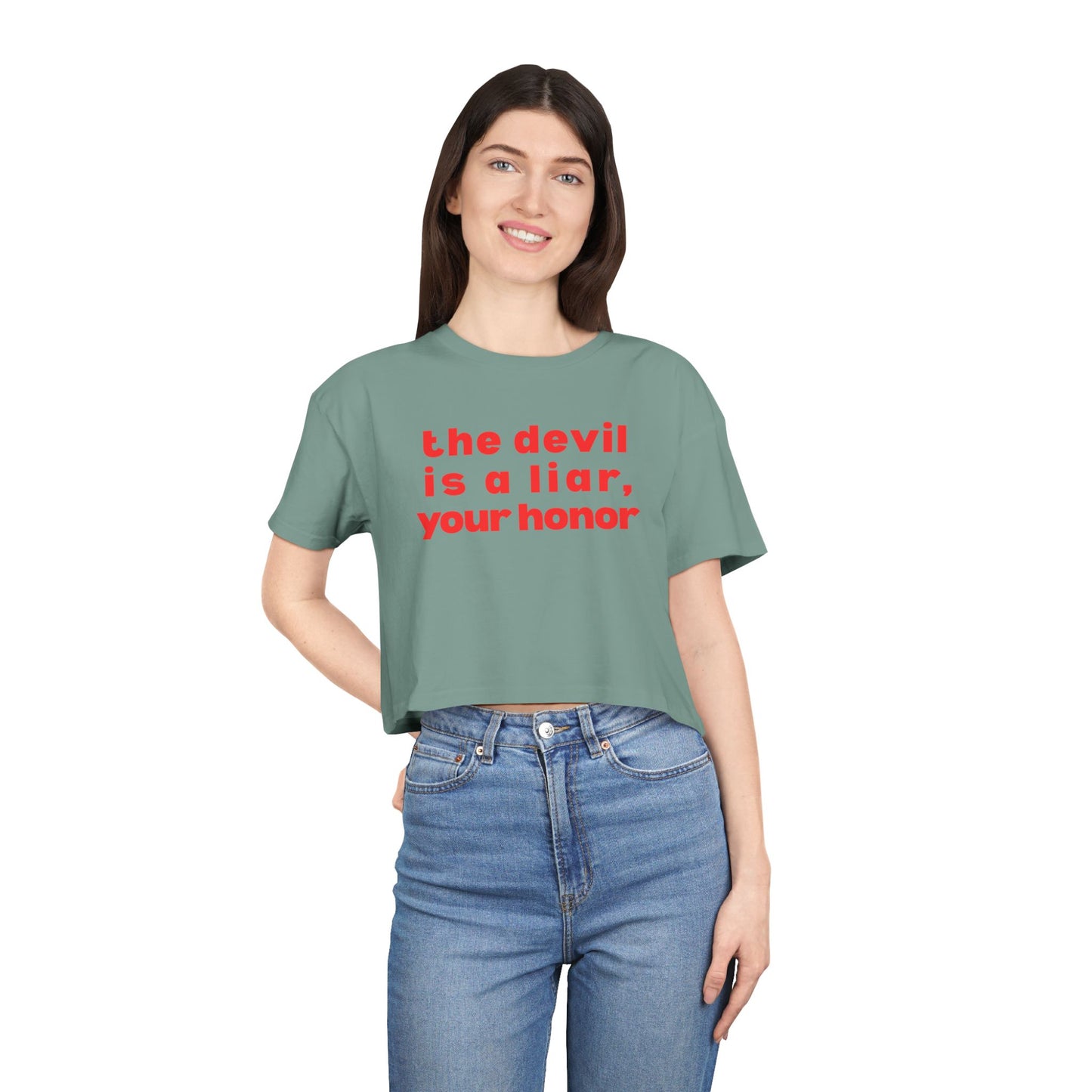 Courts of Heaven Cropped Tee — "the devil is a liar, your honor" Feminine Graphic Tee