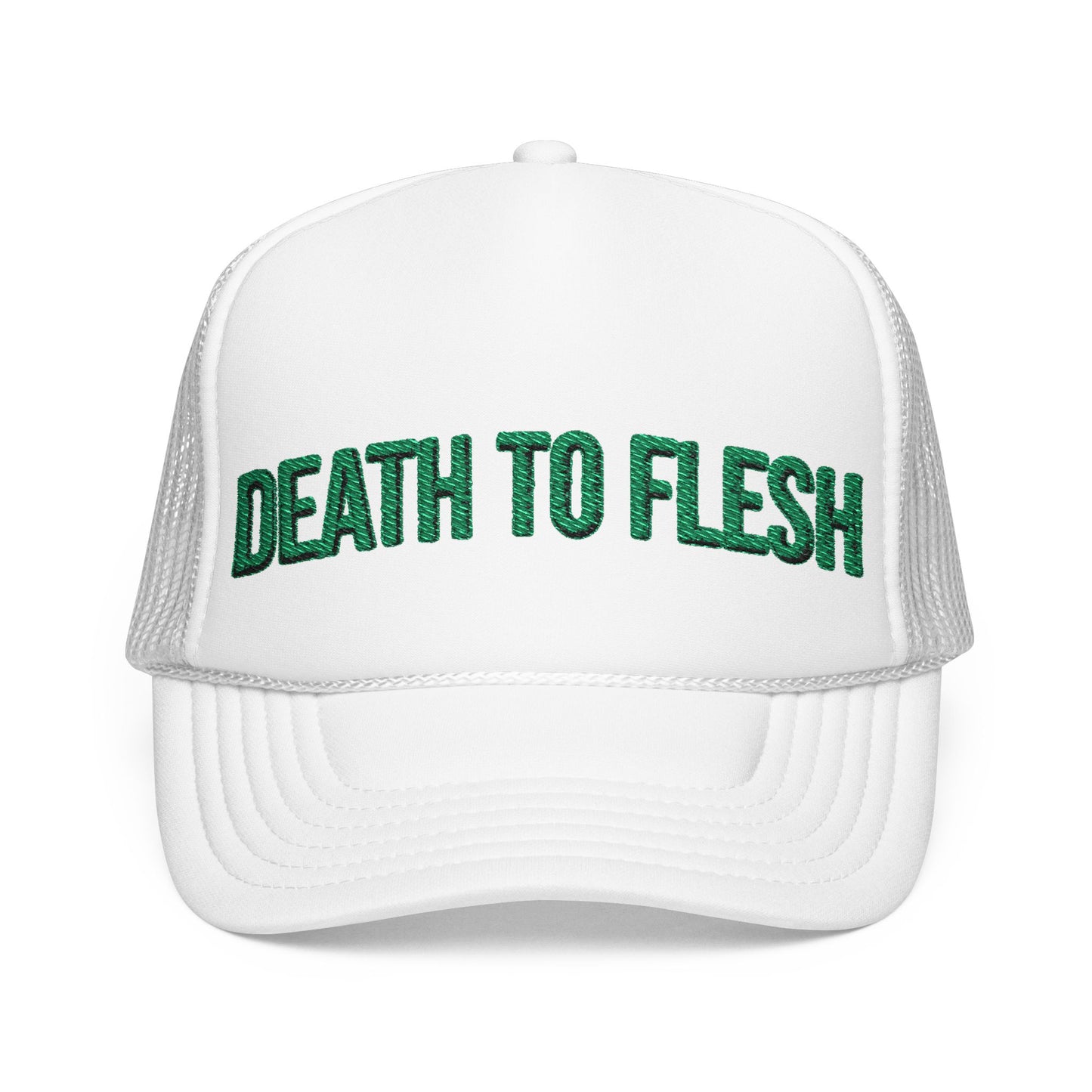Death to Flesh Galatians 5:24 Trucker Hat — Edgy Green Embroidered Foam Cap