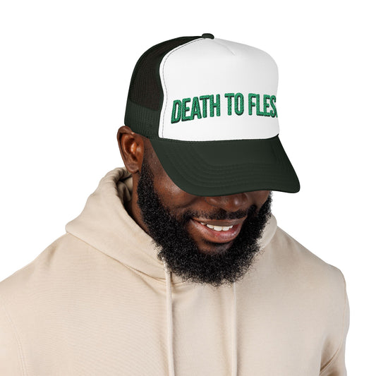 Death to Flesh Galatians 5:24 Trucker Hat — Edgy Green Embroidered Foam Cap