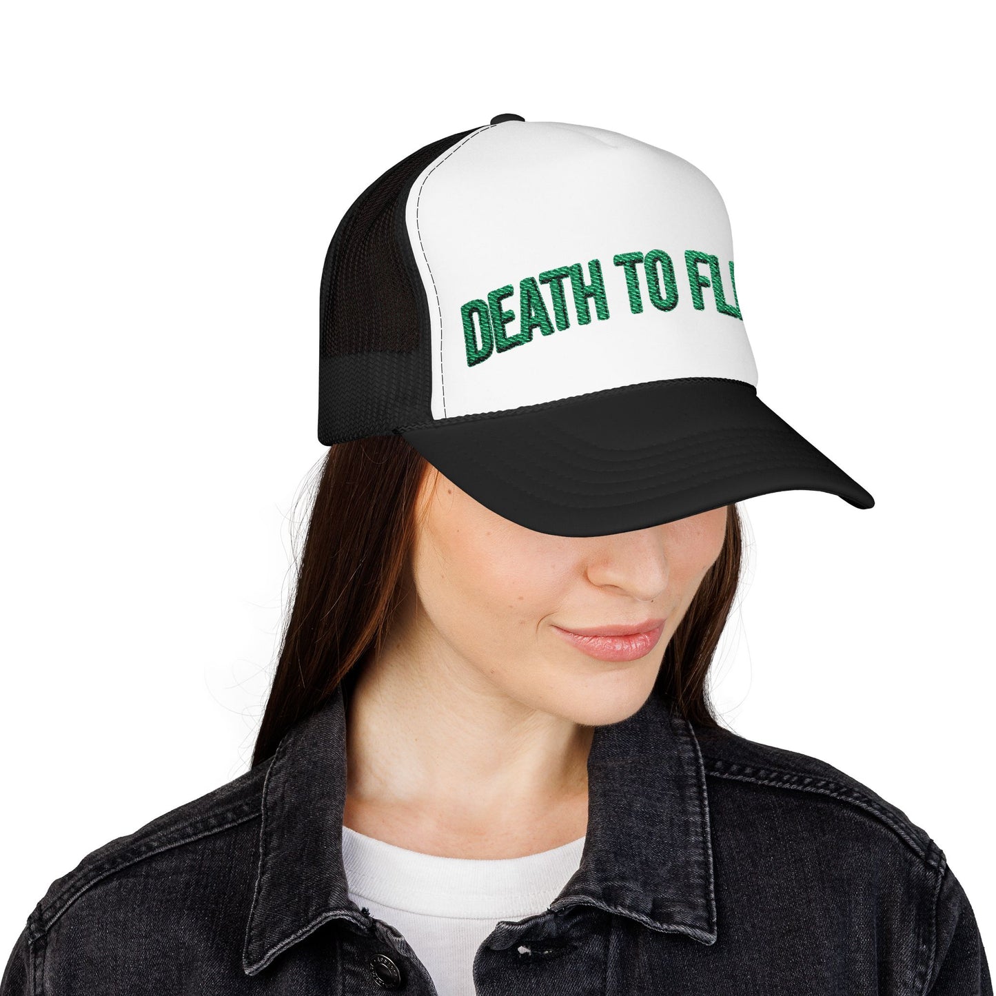 Death to Flesh Galatians 5:24 Trucker Hat — Edgy Green Embroidered Foam Cap