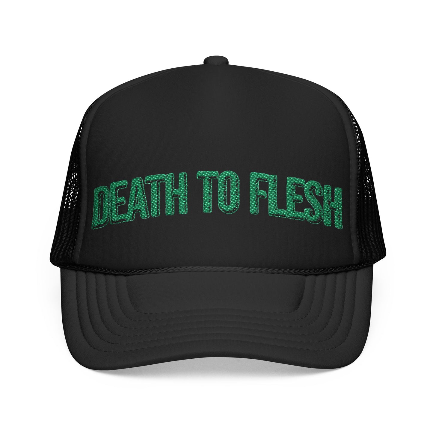 Death to Flesh Galatians 5:24 Trucker Hat — Edgy Green Embroidered Foam Cap