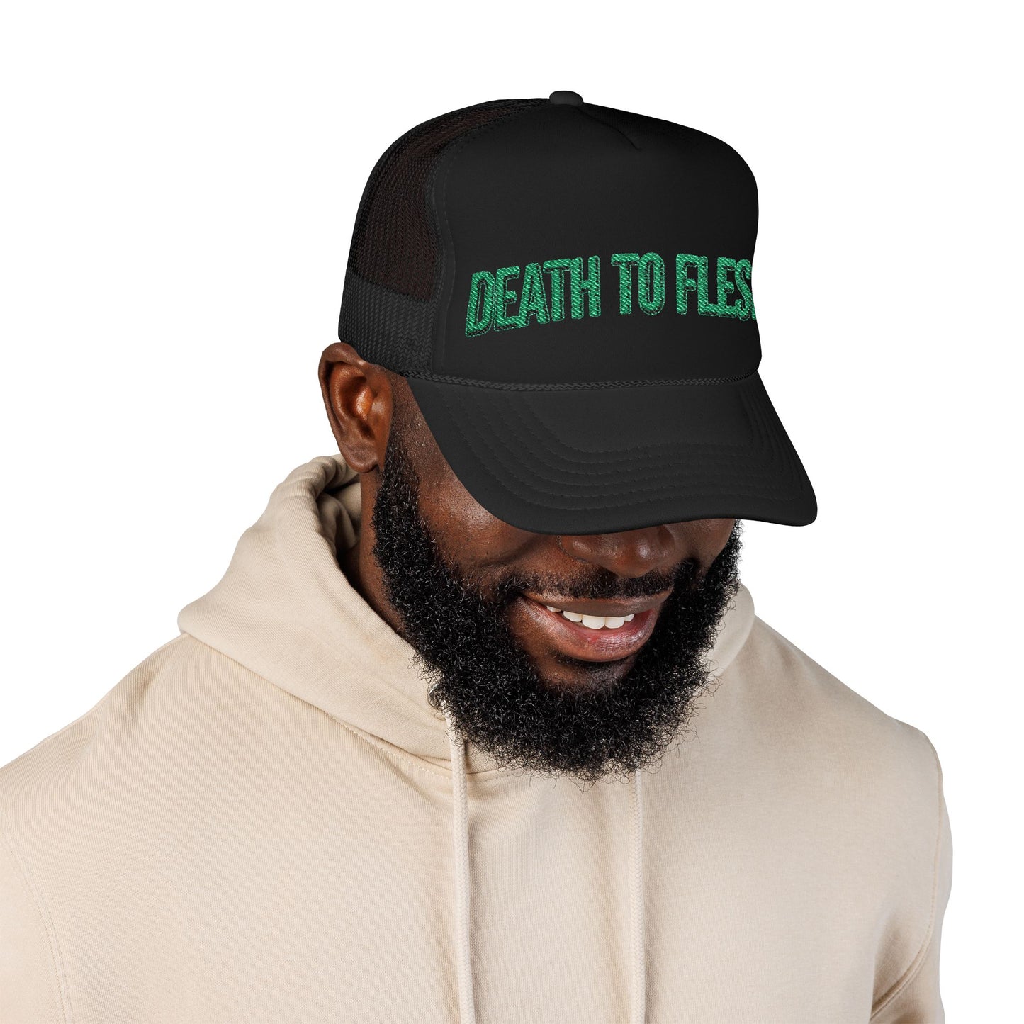 Death to Flesh Galatians 5:24 Trucker Hat — Edgy Green Embroidered Foam Cap