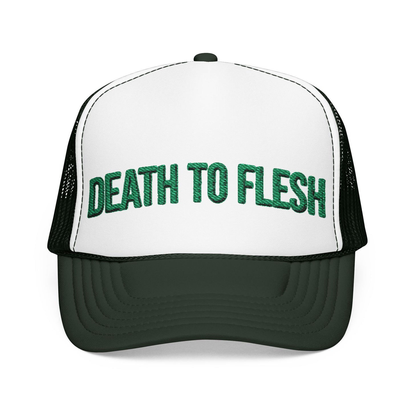 Death to Flesh Galatians 5:24 Trucker Hat — Edgy Green Embroidered Foam Cap