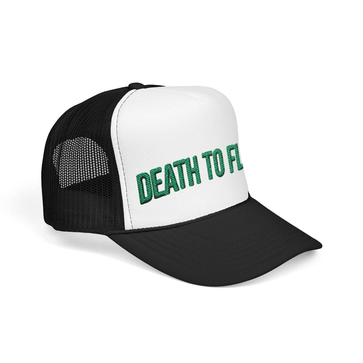 Death to Flesh Galatians 5:24 Trucker Hat — Edgy Green Embroidered Foam Cap
